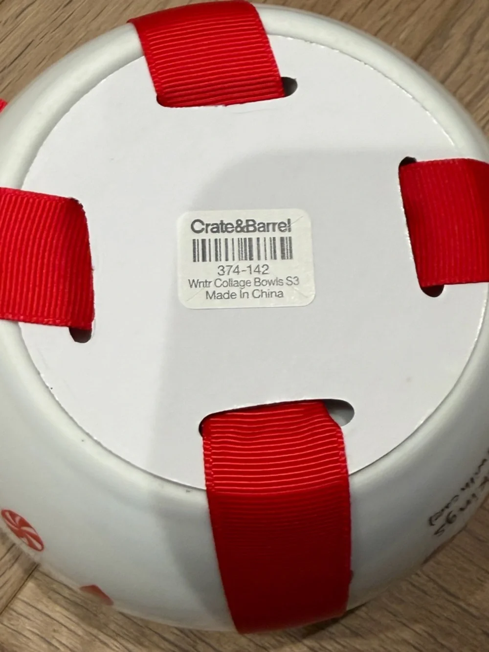 Crate and Barrel Holiday Baubles Ceramic Nesting Bowls with Red Ribbon